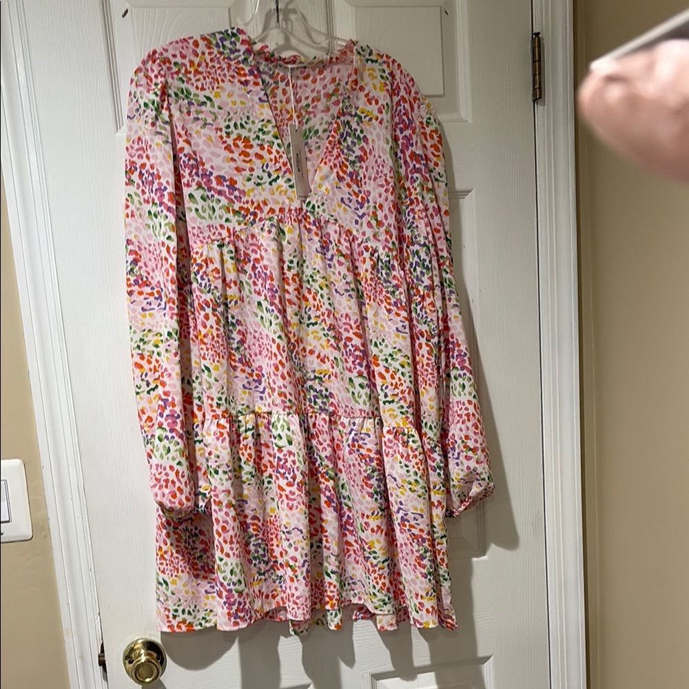 Pink and White Ruffled Tiered Sundress with Bishop Sleeves